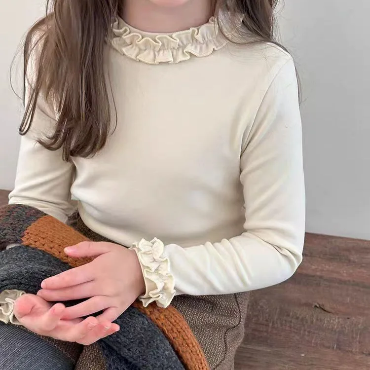 

Spring and Autumn Girls' T-Shirt Baby Children's Sweet Lace Collar Korean Edition Fungus Edge Bottom Shirt