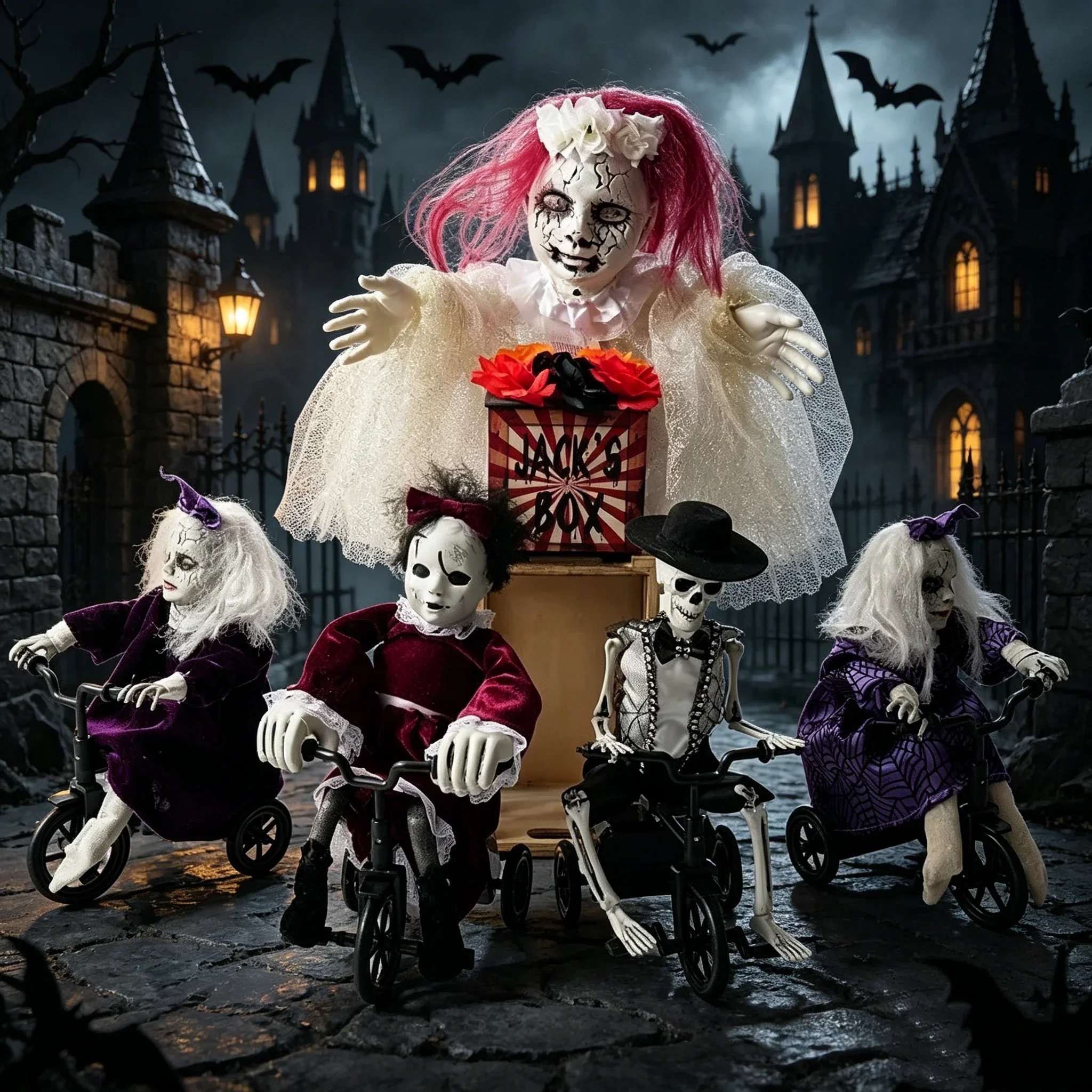 35cm Halloween Scary Skull Skeleton Ghost Doll Electric Induction Cycling Figure Decor Haunted House Party Prank Prop