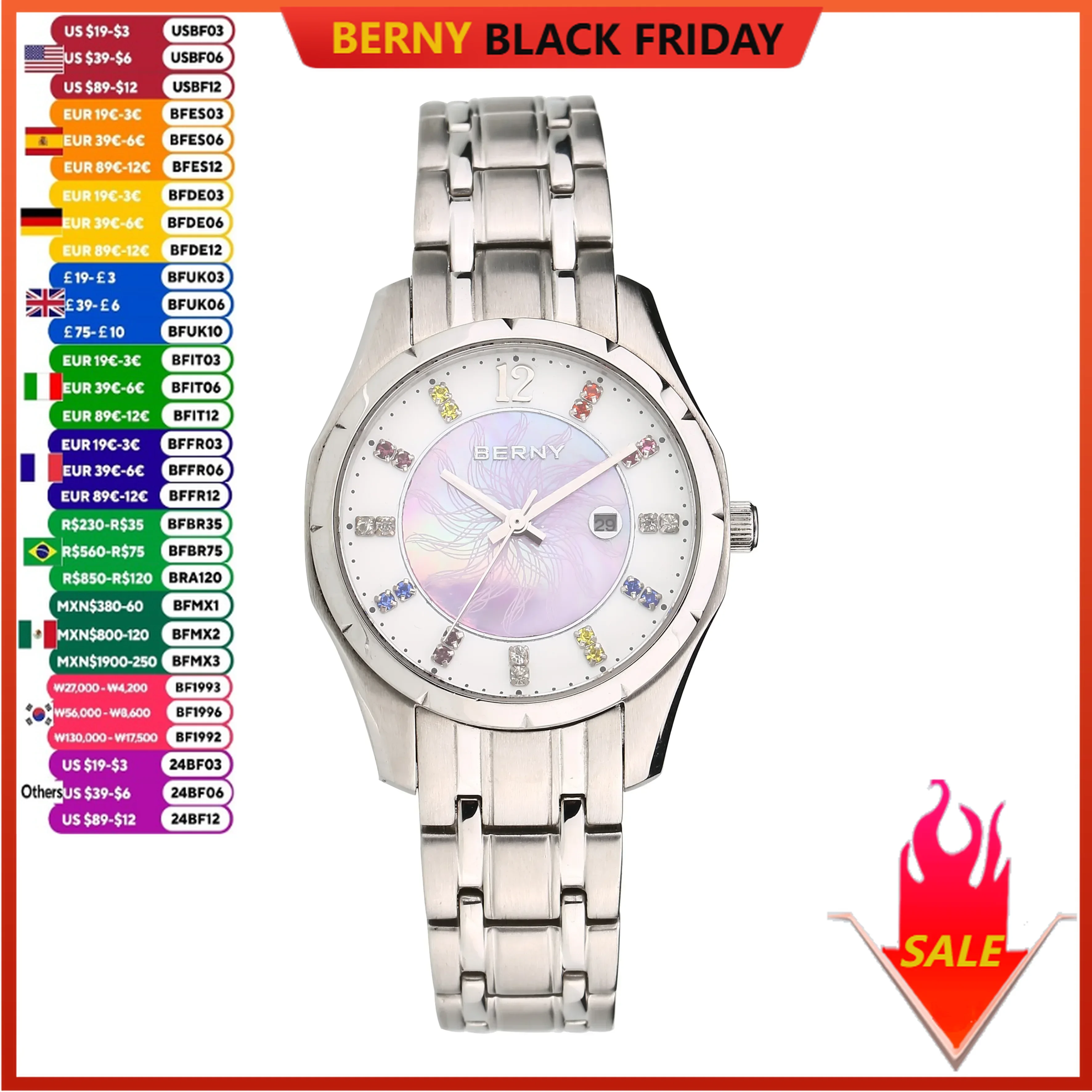 BERNY Watch for Women Fashion Casual Quartz Women's Wristwatch Sapphire Glass Colorful Dial Full Stainless Steel Ladies Watches