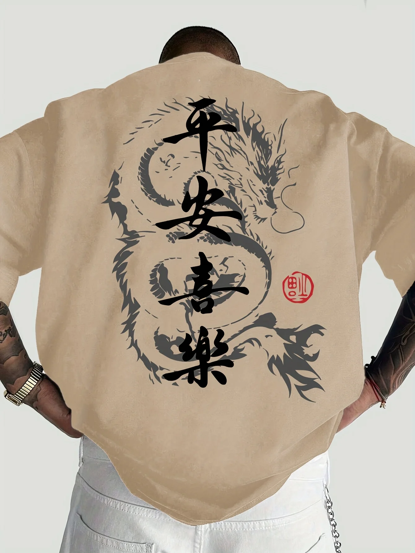 Lässiges, kurzärmeliges Herren-T-Shirt aus 100 % Baumwolle mit Peace Joy- und Drachenmustern, lockeres, atmungsaktives Sommer-Oberteil mit Rundhalsausschnitt