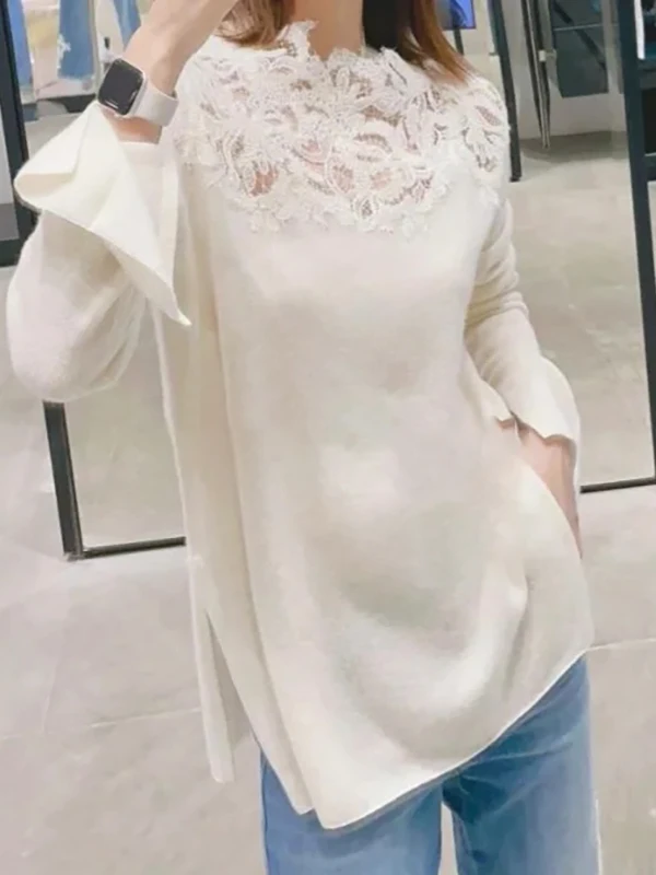 

Lace Splice Long Sve Knitted Sweater Women's Winter Top Warmth Slimming T with Slit Simple Sling