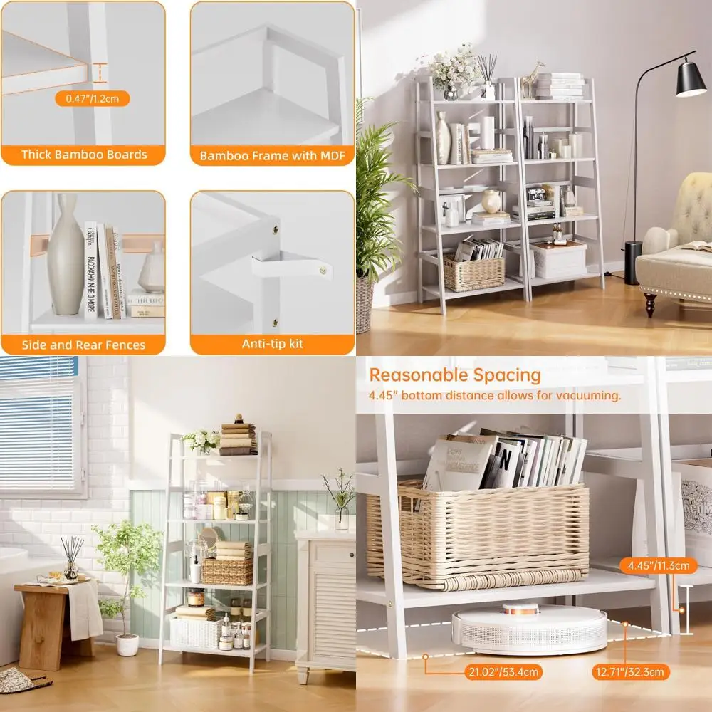 

4-Tier Bamboo Bookshelf, Floor Standing Bathroom Storage Rack, Open Display Bookcase, White