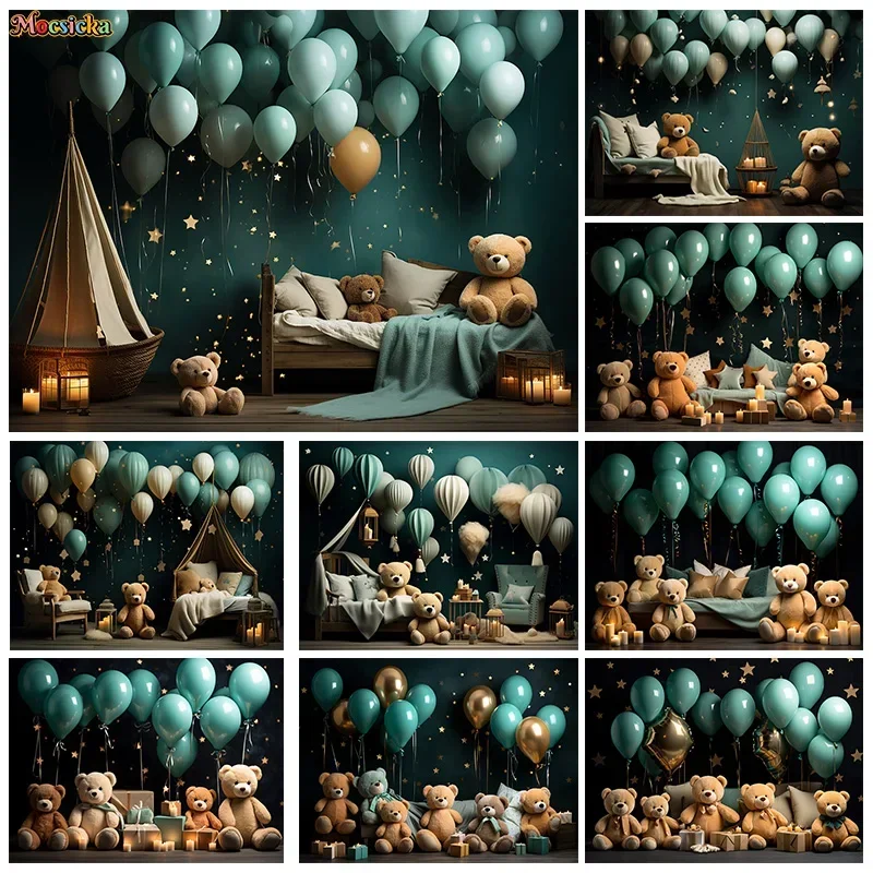 Mocsicka Photography Backdrops Baby Show Newborn Balloon Teddy Bear Decor Backgrounds Kids Portrait Happy Birthday Photo Studio