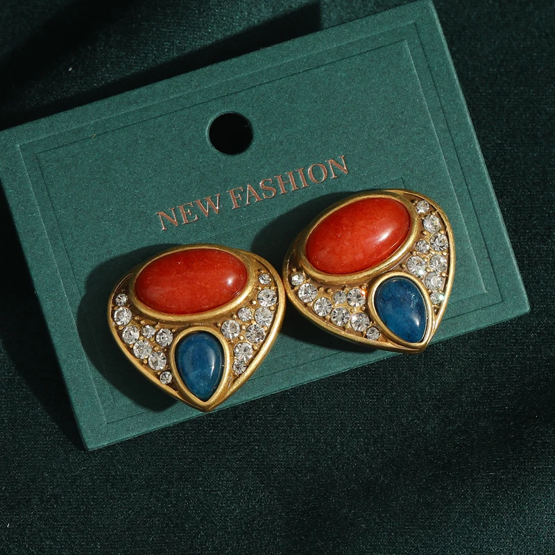 

Vintage Blue Stud Earrings 2026 Red Rhinestone Crystal Gold Color Music Party Jewelry Woman Luxury 2026 High Accessories Arrival