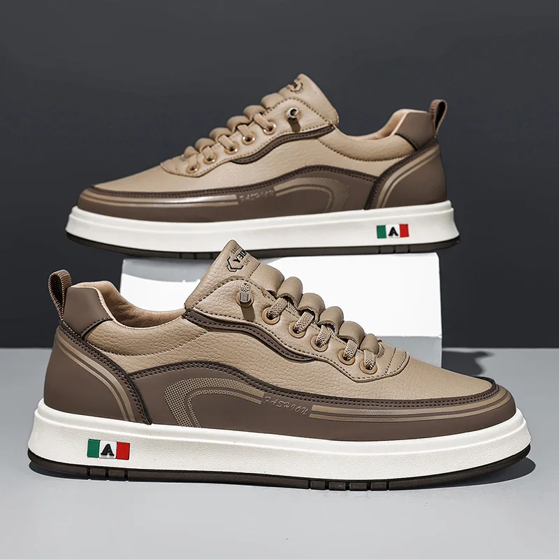 Men's Casual Shoes 2025 New Fashion Leather Flat Sneakers Soft Outdoor Comfortable Lace-up Fashion Walking Shoes for Man