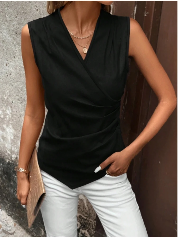 Colete feminino preto com decote em V e bainha irregular, design de moda versátil para primavera verão, deslocamento casual