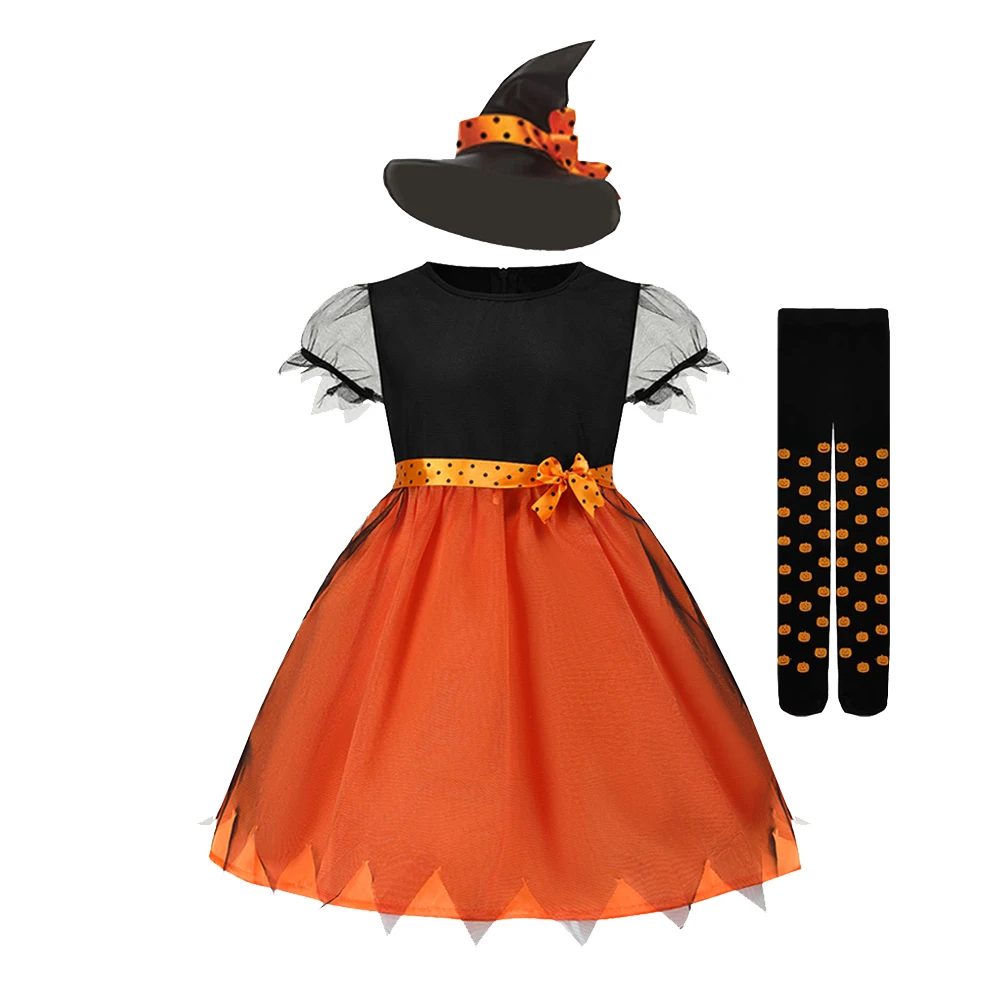 2026 Girls Halloween Cosplay Pumpkin Clothes Witch With Hat Costume Carnival Party Cosplay Dress Clothes Infant Costume