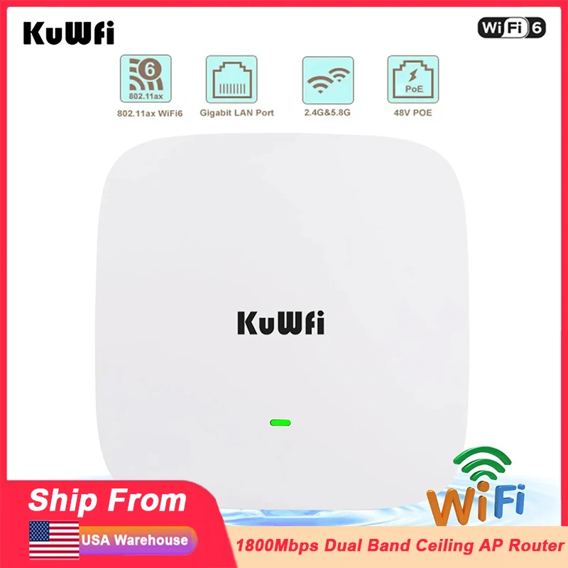 Kuwfi Wifi Access Point 1800Mbps Wifi6 2.4G & 5.8G Dual Band Wifi Router Plafond Ap Router Gigabit Wan Lan Poort 48V Poe Voor Kantoor