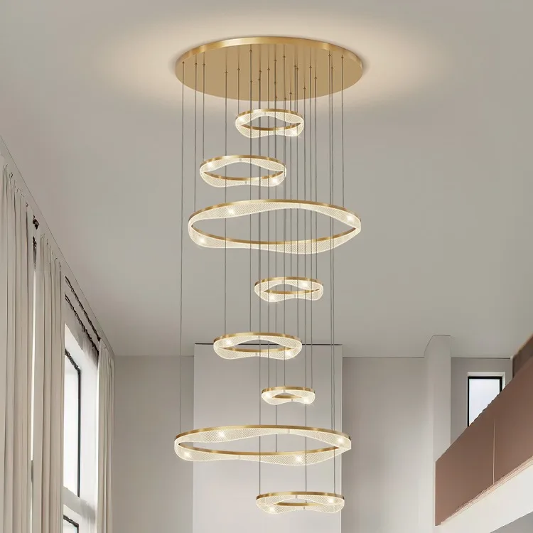 

Villa duplex living room large chandelier, modern simple high-end all-copper empty long-line chandelier