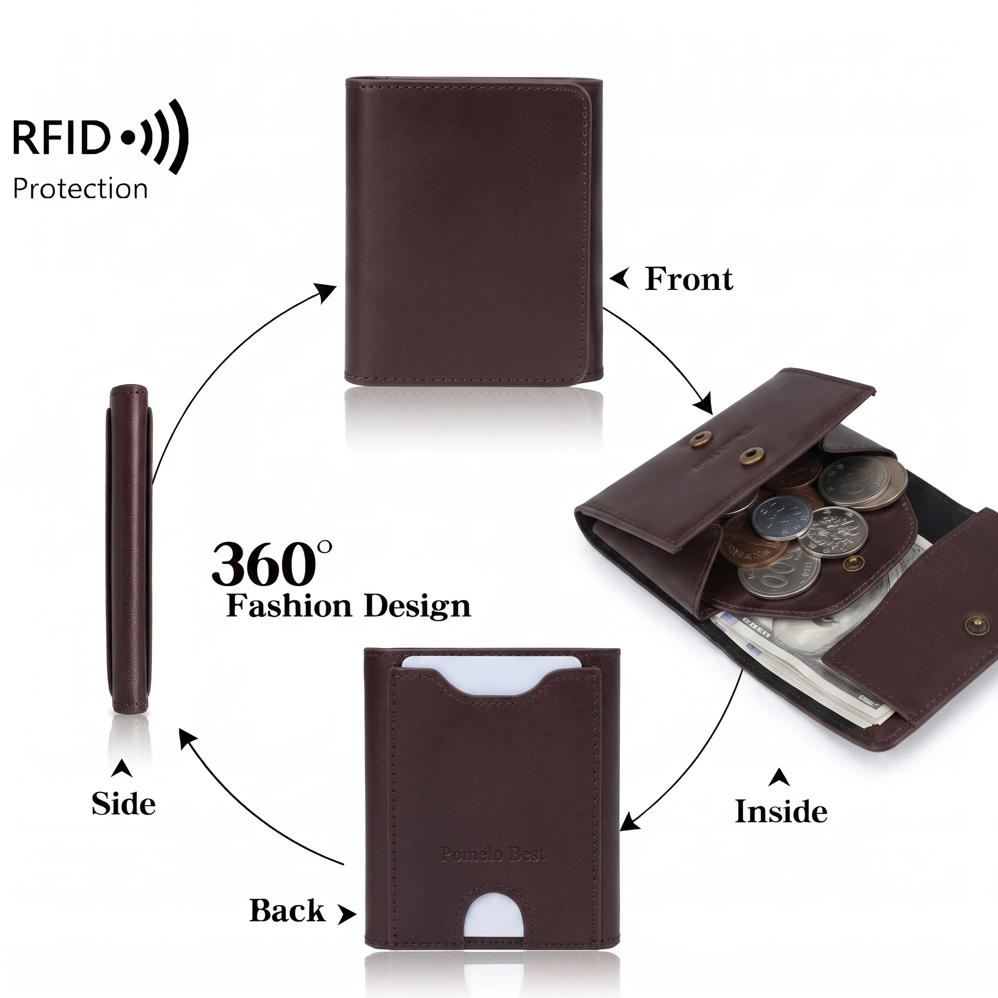 Pomelo Best RFID Blocking Vintage Genuine Fine Grain Leather Men Bifold Wallet Press Stud Coin Pocket Multi Card Gift for Men