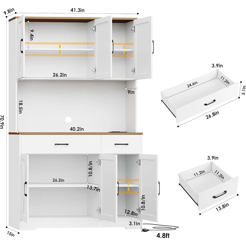 Alto Cozinha Despensa Armário De Armazenamento Com Suporte De Microondas, Farmhouse Hutch, Gavetas De Armazenamento Para Sala De Estar