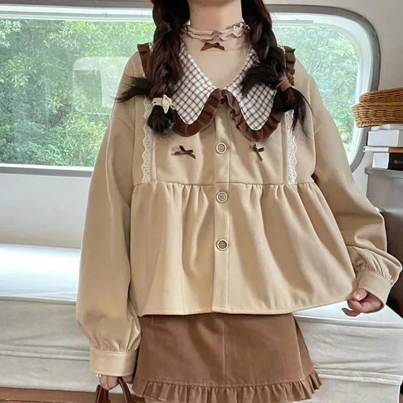 Gidyq Sweet Peter Pan Collar Shirt Women Korean Chic Patchwork Preppy Style Ladies Blouse Spring Fashion Kawaii Bow Female Tops