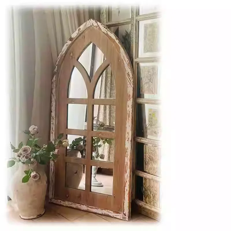 Vintage Distressed Brown Wooden Faux Window Wall Mirror with Gothic Arch Design