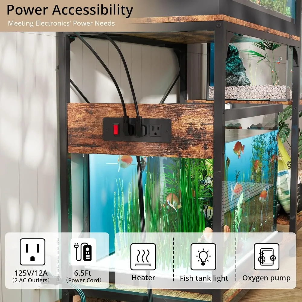 حامل خزان الأسماك سعة 20-29 جالونًا مع مخرج طاقة، حامل حوض السمك الخشبي مع أرفف لتخزين ملحقات خزان الأسماك، ثقيل