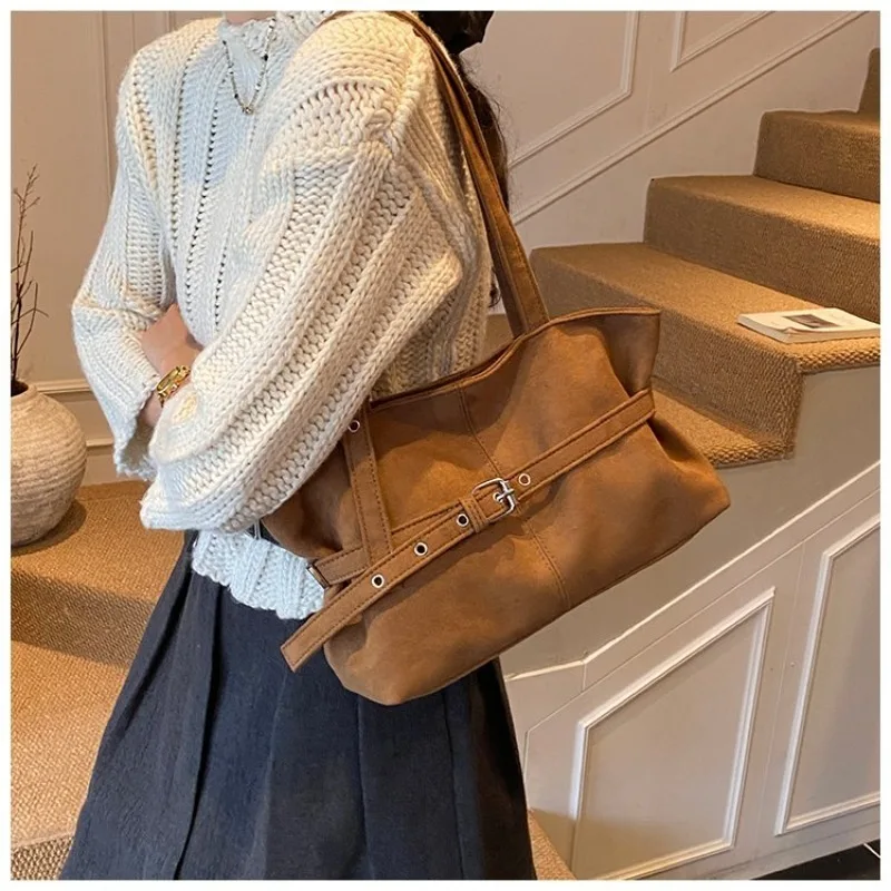 Vintage Suede Shoulder Bag, Dual Carry Design, Spacious & Stylish with Belt Buckle Accent for Everyday Casual Activities