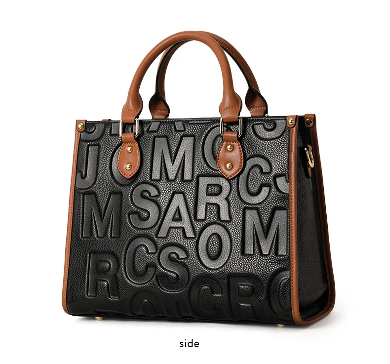 Große Kapazität Multi-Taschen Rindsleder Damen Tragetasche Buchstaben-Prägung Farbblock Handtasche Tragbare Schulter-Pendlertasche – Detail 8