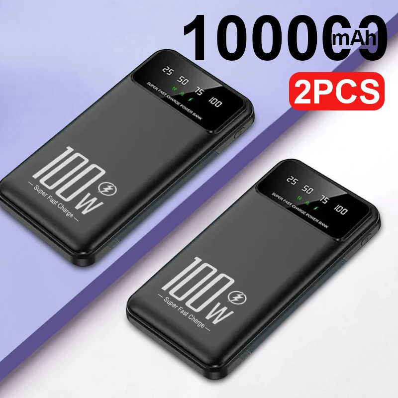 2PCS 100W Power Bank Super Fast Charging Portable EXternal Battery Pack Charger For iPhone 14 13 Huawei Samsung Powerbank