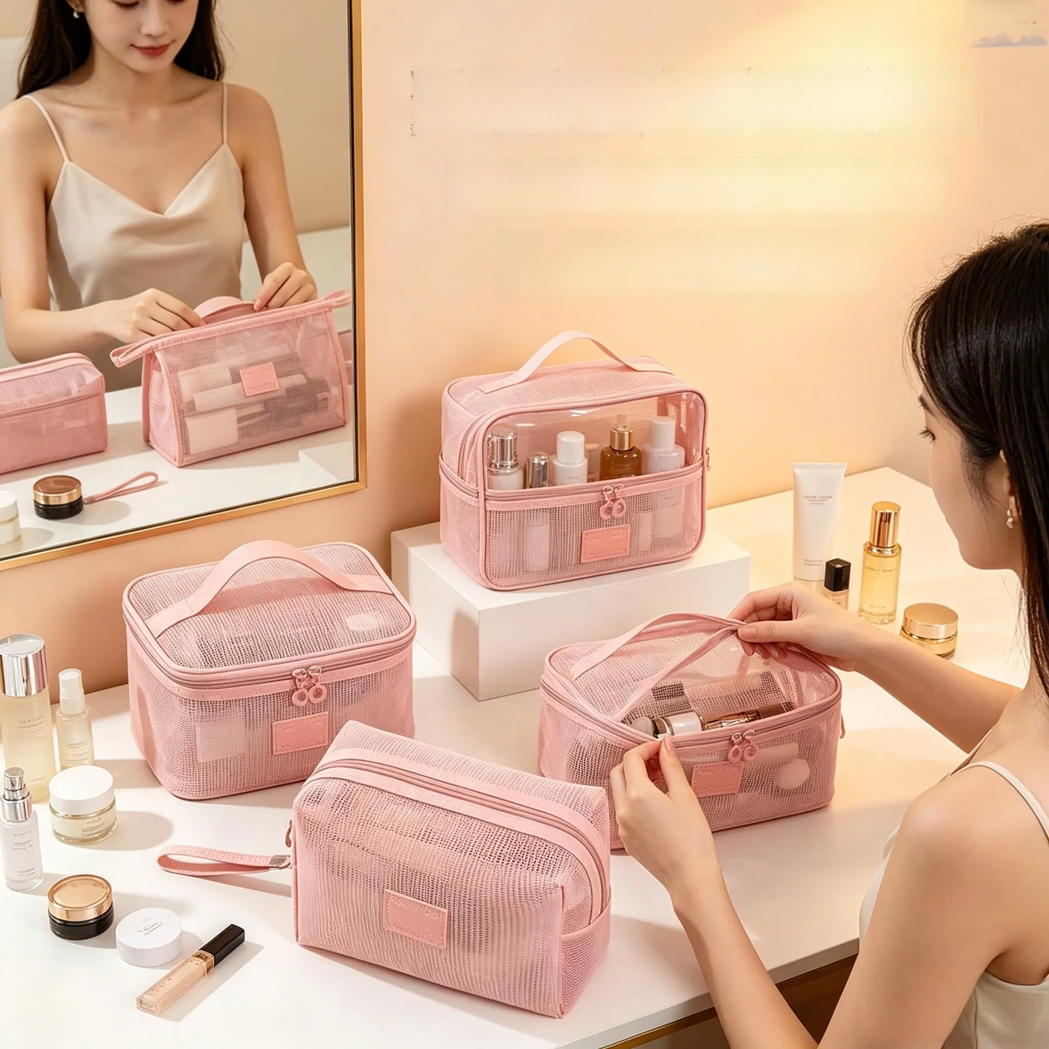 

Large Capacity Transparent Mesh Makeup Bag Women's Double Layer Travel Cosmetic Toiletry Storage Bag High End Feelings