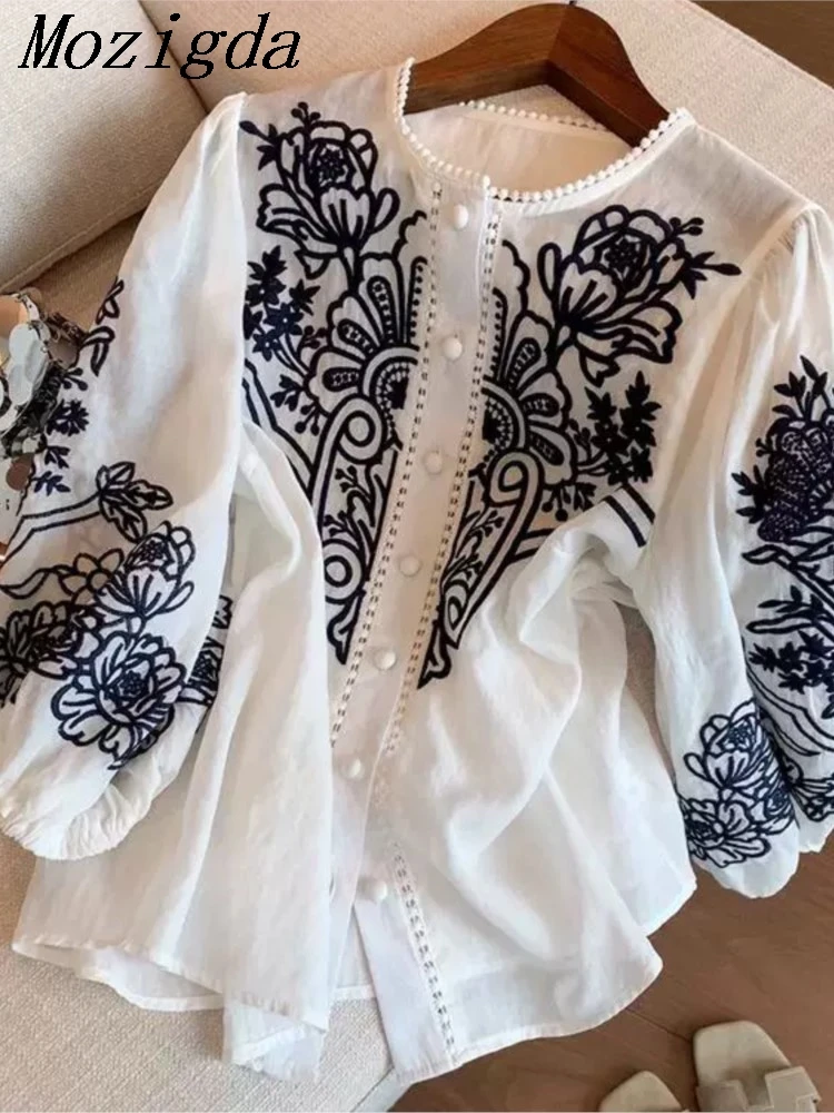 

Spring Summer Retro Ethnic Shirt Women Long Sleeve Round Ne Loose Irt Woman Blouse Doll Ladies Tops Commute Korean Embroidery