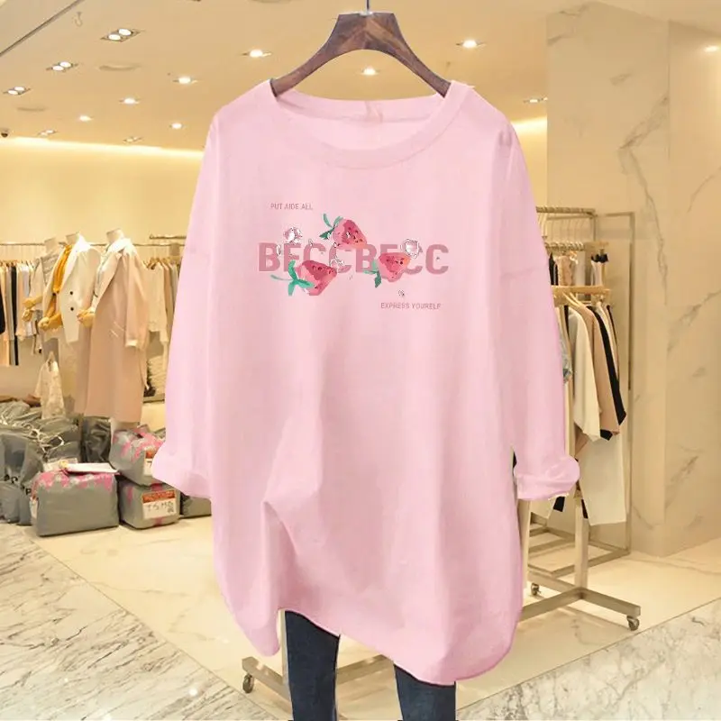 Women's Clothing Fashion Strawberry Letters Print T-shirt Spring Autumn Casual Loose O-neck Long Sleeve Top Tee Basic Pullovers