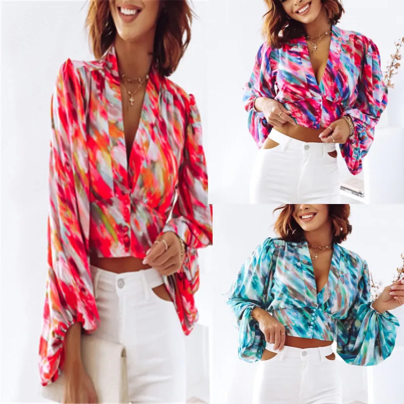 Spring and Summer New Women's Fashion and Sexy V-neck Waistband Lantern Sleeve Shirt Shirt Women's Top Chiffon Shirt