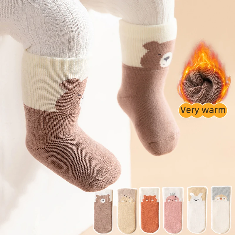 3Pairs Newborn Plush Sock Winter Warm Kids Middle Tube Socks Thicken Velvet Anti-Cold Baby Footwear Cute Cartoon Children Socks
