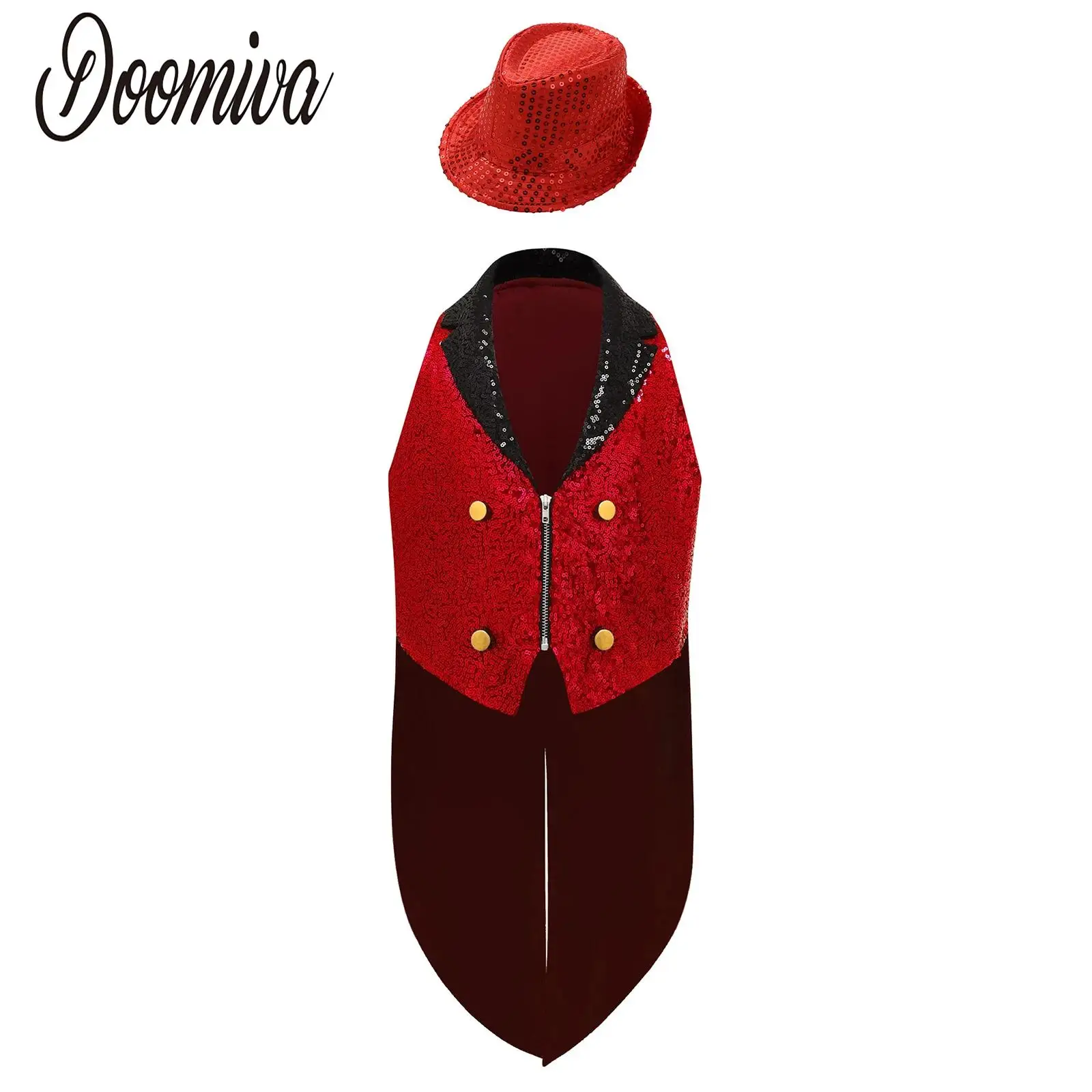 

Kids Boys Sequins Tailcoat Jacket Magic Shows Jazz Dance Performance Costume Set Blazer Tuxedo Coat with Hat Circus Party Outfit