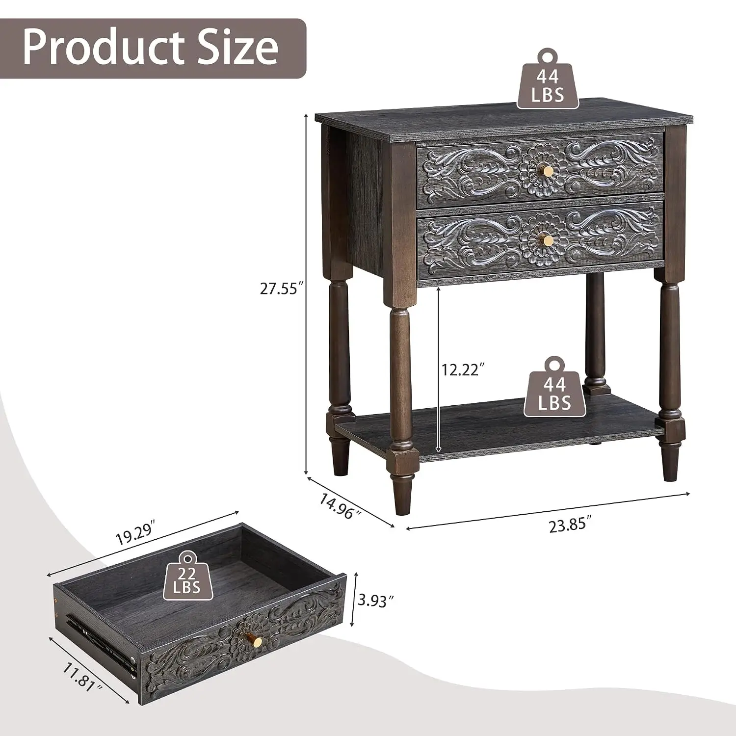 Farmhouse Nightstand with 2 Drawers & Open Shelf, Wood Side End Table for Bedroom Living Room, Black Brown, Customized