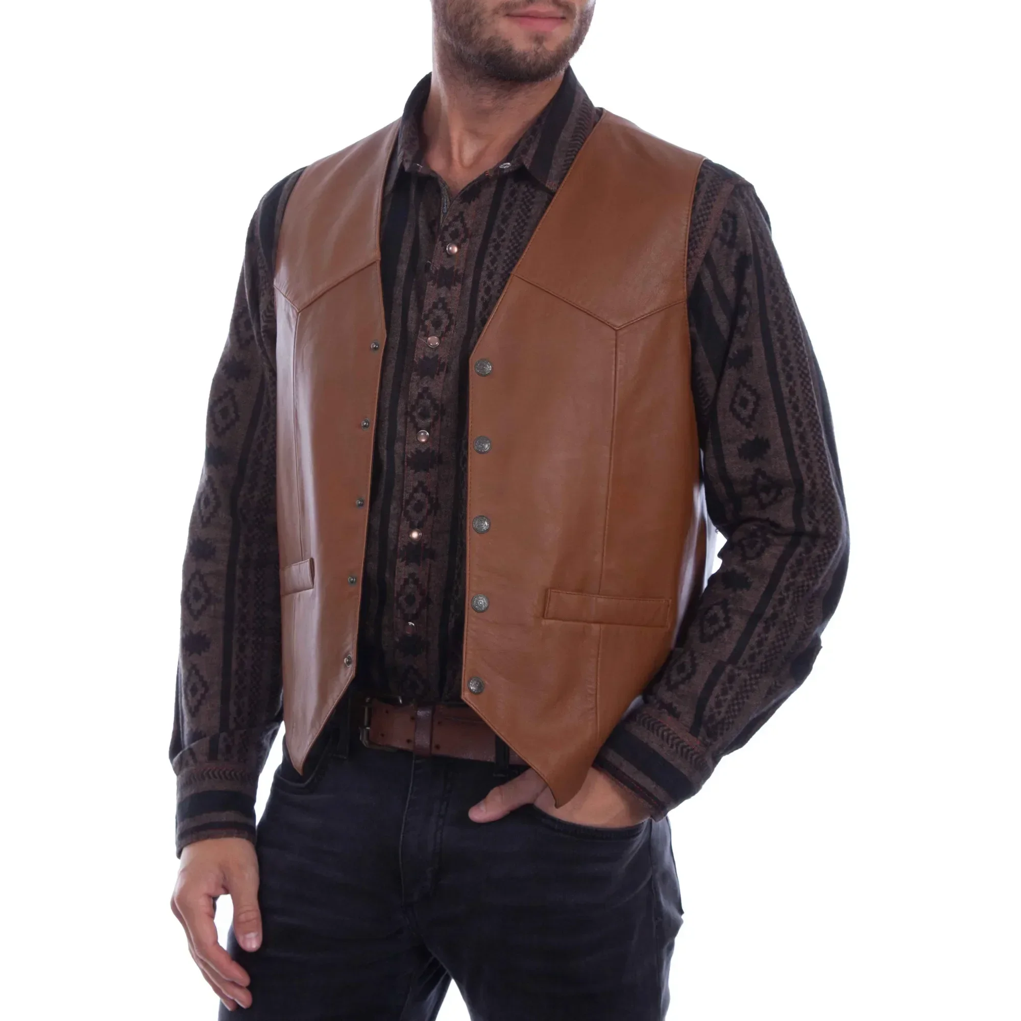 LISDINOLisdinoMen Soft 100% Leather Vest Snap Western Mens Gift Holiday Attire Informal Biker