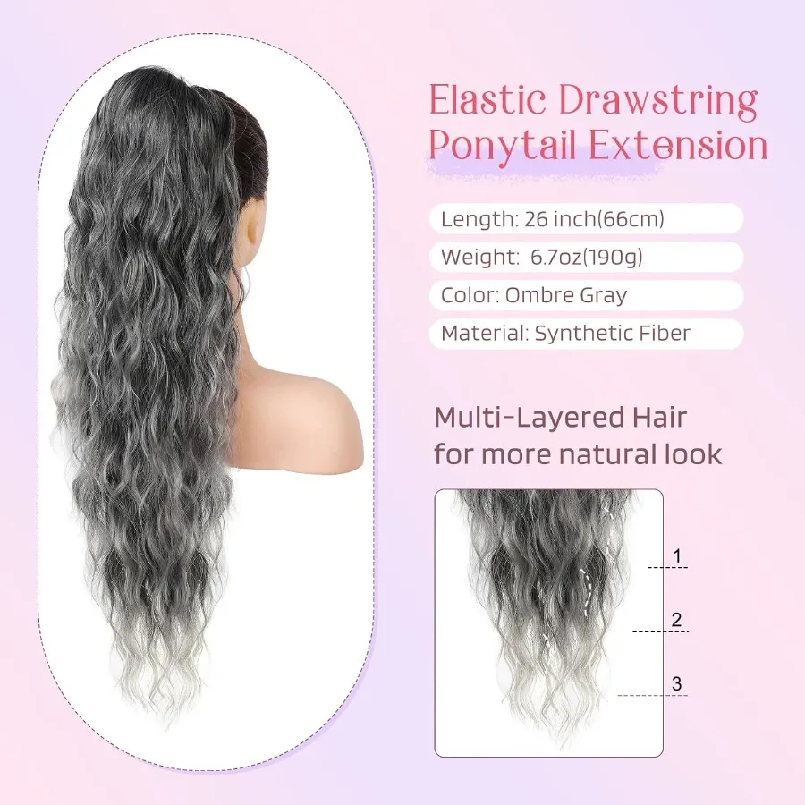 HOOJIH ذيل حصان تمديد الرباط ذيل حصان وصلات شعر 26 بوصة طويلة مجعد متموج ذيل حصان الطبيعية متموجة الاصطناعية هيربيسي