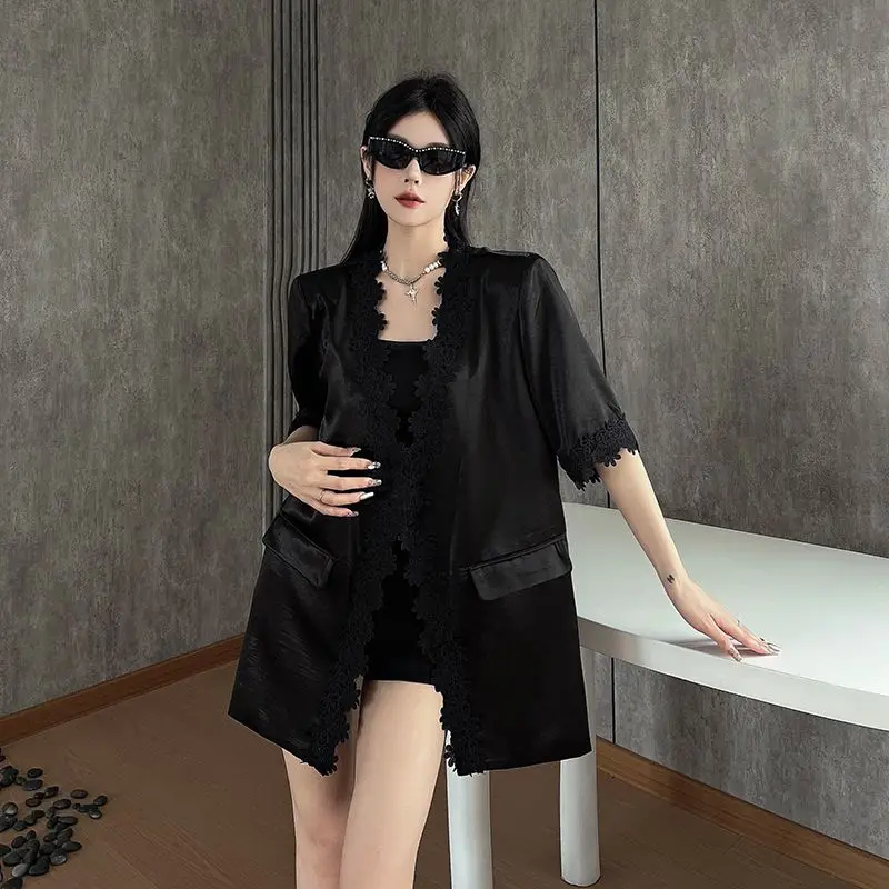 Satin Short Sleeved Suit Jacket For Women Thin Design 2026 Summer New Item Korean Lace And Lace Patchwork Hanging Feeling blazer