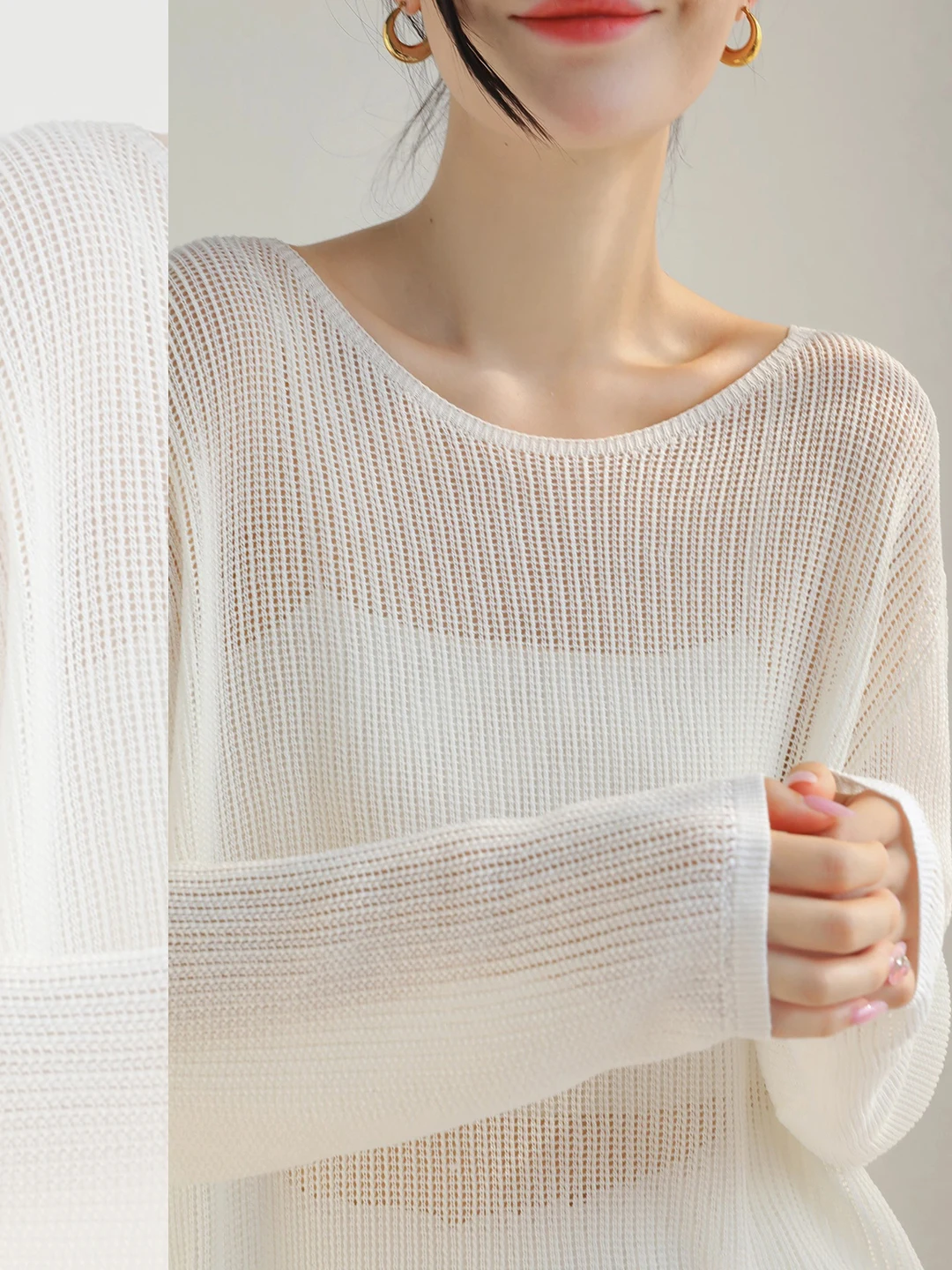 

Sun Protection Loose Thin Mesh Knitted Air Conditioning Shirt Women Summer Long Sleeve Outerwear Top Thin Cover up