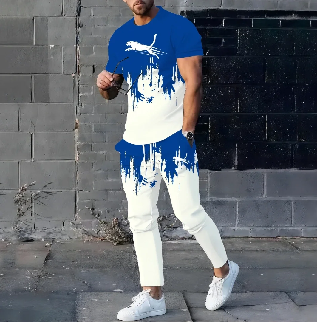 

Men's Summer New 3D Printed Splicing Pattern Fashion Breathable Top Street Trendy T-shirt Set