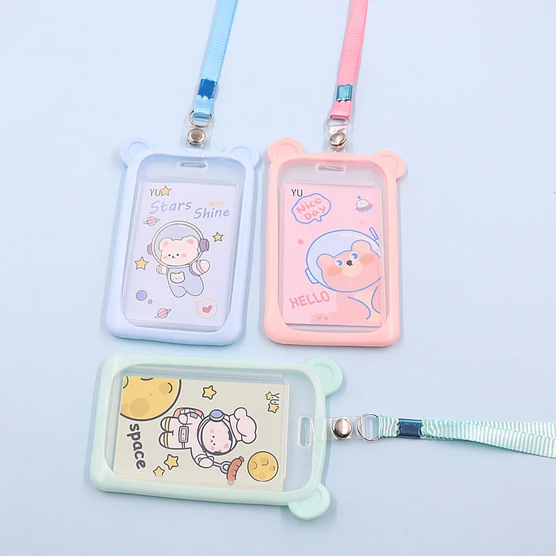 1PC Cartoon Bear Card Holder Bank Identity Bus ID Card Sleeve Case with Retractable Reel Lanyard Plastic Silicone Credit Cover