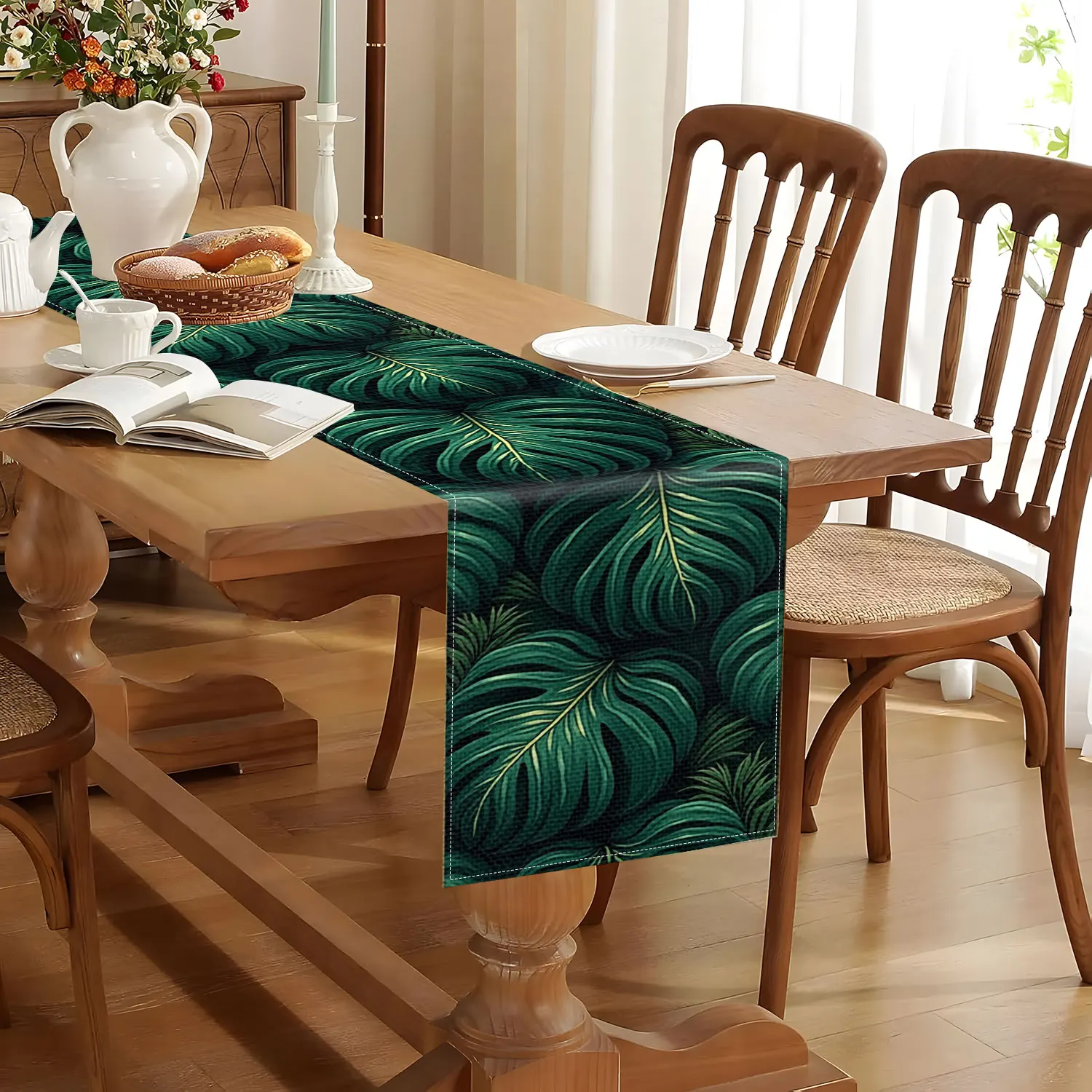 1-Piece Green Branches & Leaves Print Table Runner, Table Runner for Living Room, Dining Room