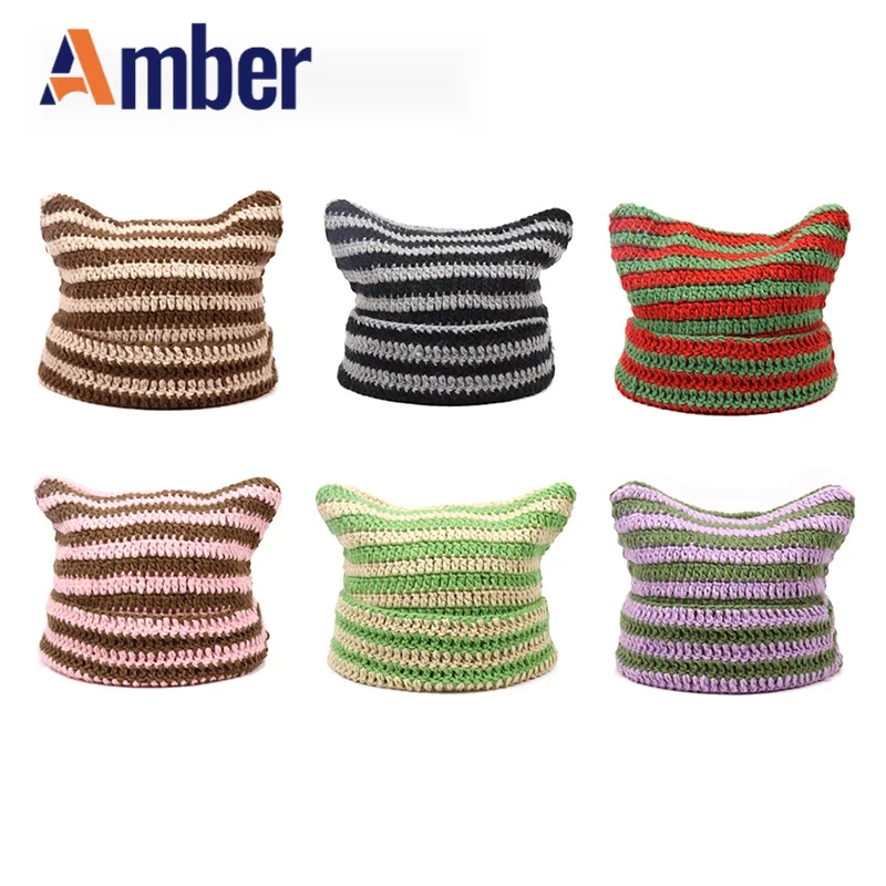 

Amber Harajuku Y2K Knitted Hat With Cat Ear Beanie Hats Women Girl Striped Little Devil Warm Winter Autumn Streetwear Cap Gorras