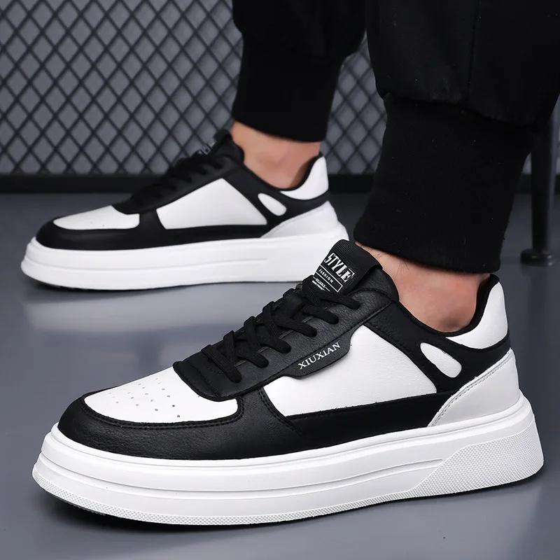 

White Casual Shoes Lightweight Sneakers Breathable Tenis Sports Shoes Leather Men Skateboarding Shoes Flat Wear-Resistant Shoes