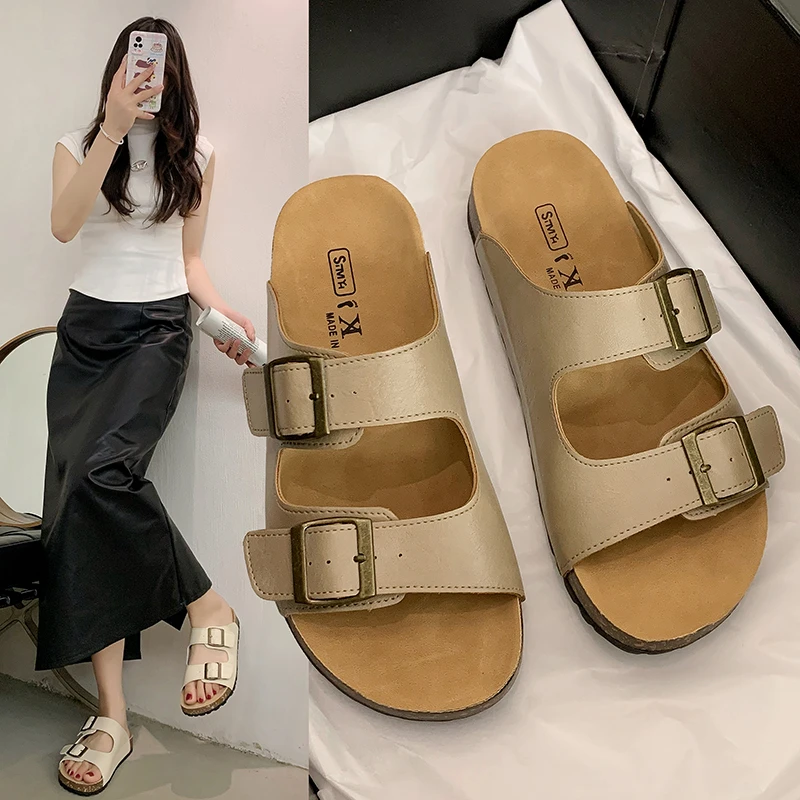 2024 New Summer Women\'s Cork Slippers Casual Beach Double Buckle Non-slip Outside Nubuck Leather Slip on Slides Shoe for Women