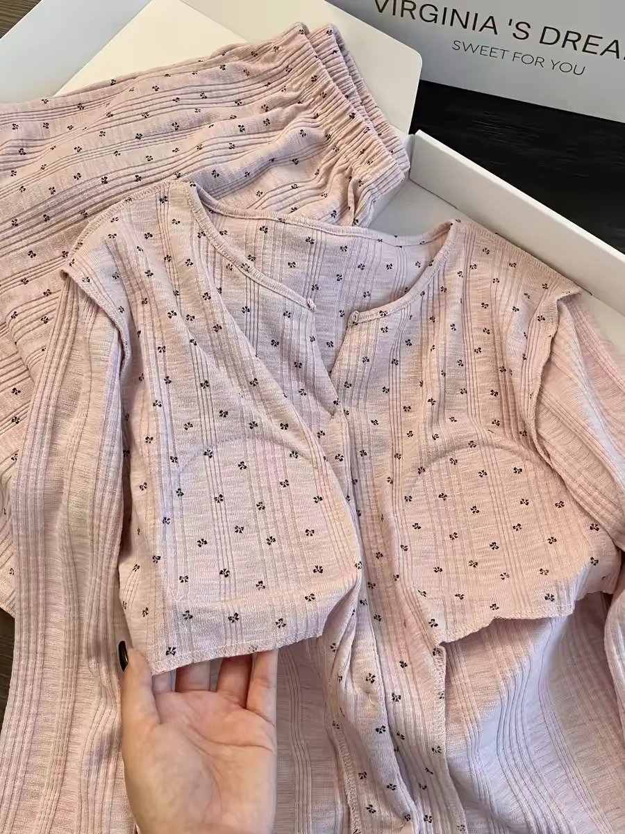 Miss Bunny Sweet Floral Cotton Pink Sleepwear Ladies Casual Home Wear with Chest Pad Two Piece Set Comfortable Loose Fit Long...
