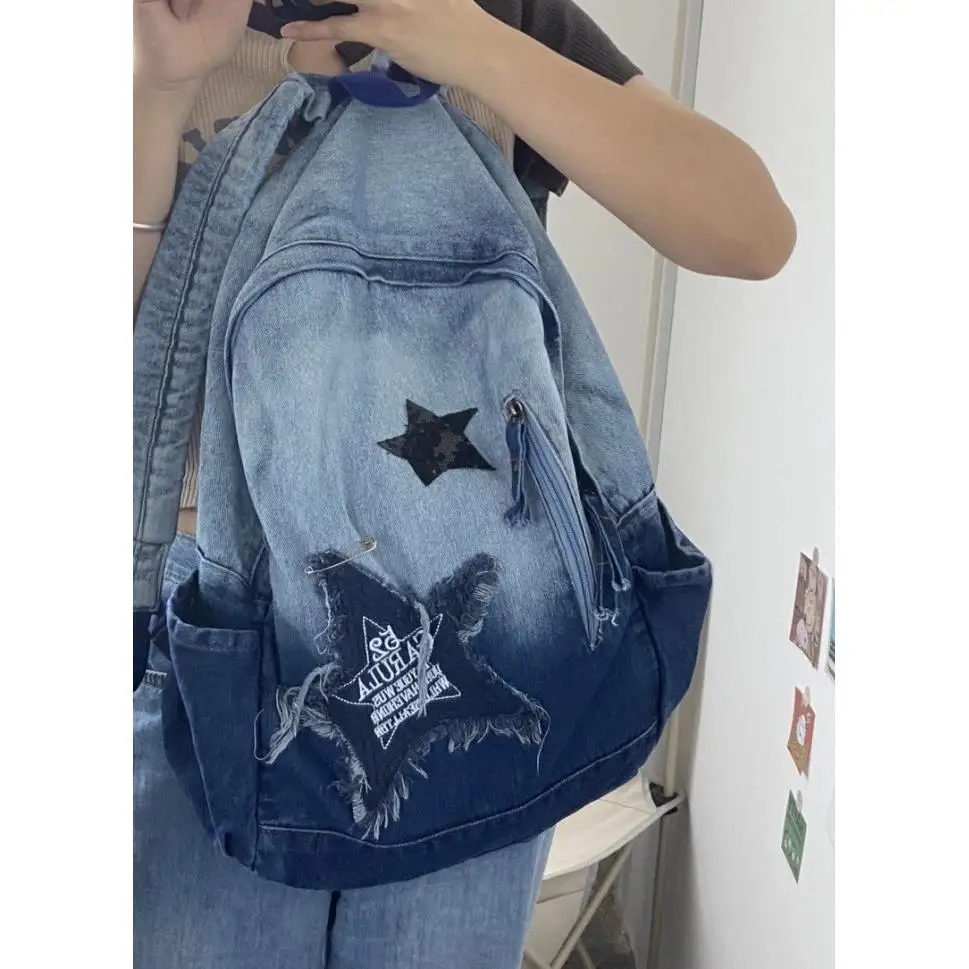 Women\'s Y2k Backpack Korean Style Denim School Bag For Girl Star Pattern Teenager Student Schoolbag Book Embroidery Bagpack New