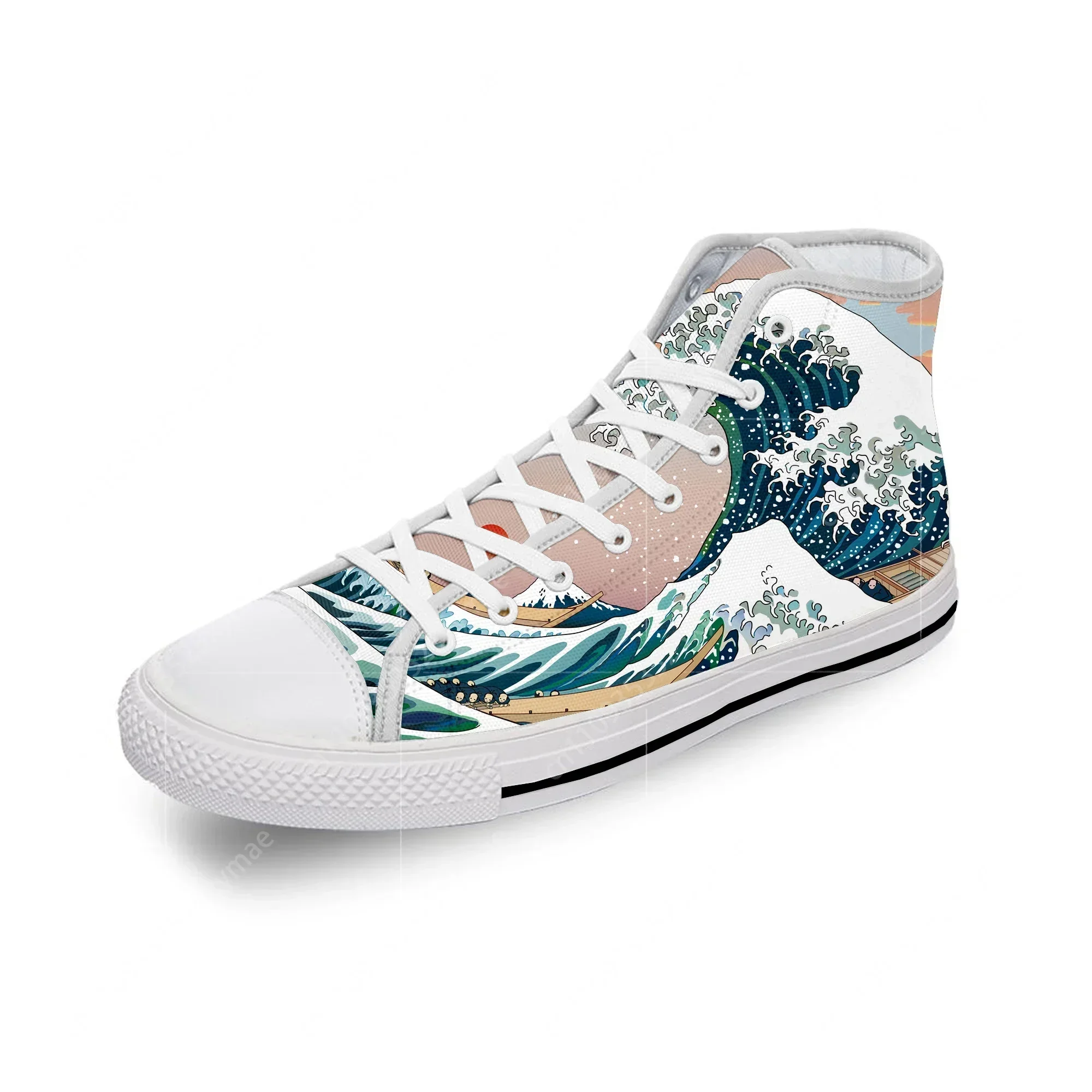 Japanese Vaporwave Great Wave Off White Cloth Fashion 3D Print High Top Canvas Shoes Men Women Lightweight Breathable Sneakers