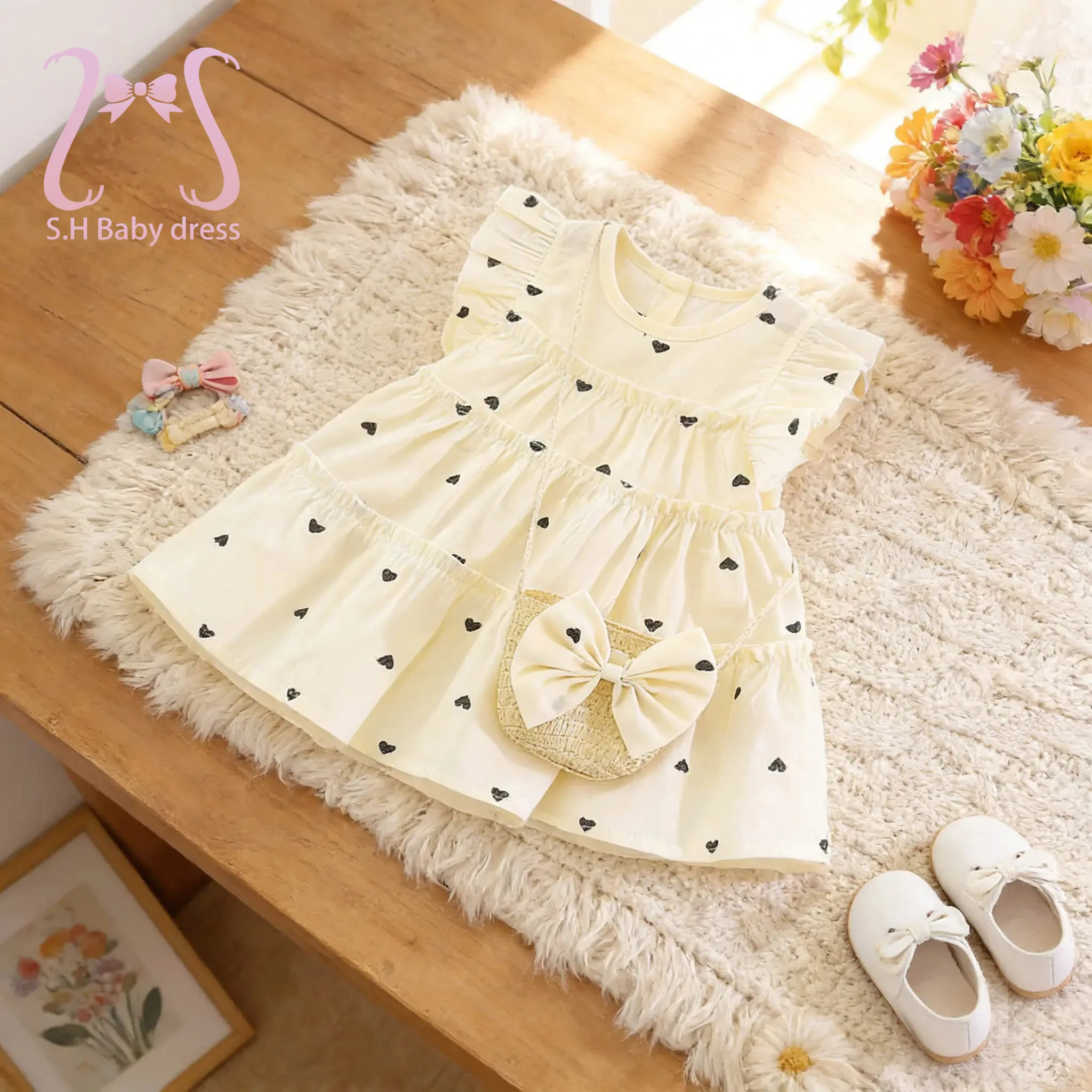 

2Pcs/set Cute Newborn Sleeveless Heart Dress Baby Girl Sweet Kid Summer Clothing Children Costume 0-4 Y Toddler Dress With A Bag