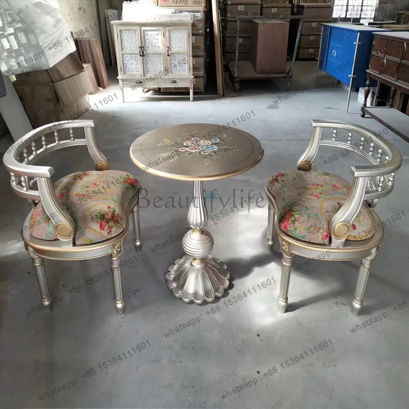 PG Round Coffee Table with Solid Wood Top Champagne Silver Finish Modern Living Room Balcony Set Includes One Table and Two