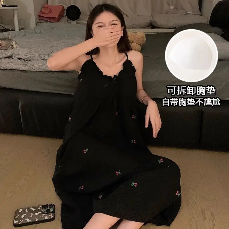 

Cherry Women Nightgown Spaghetti Strap Sleepwear Korean Night Dress Ruffle Nightwear Summer One Piece Pajamas Sleeping Home Wear