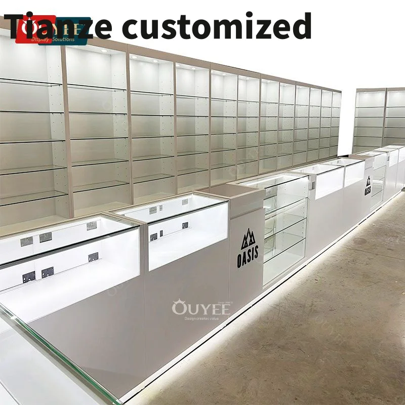 

Customized-Factory Manufacturing Wood Display Stand Iron Glass Display Cabinet Led Light Counter Glass Displays Smoke