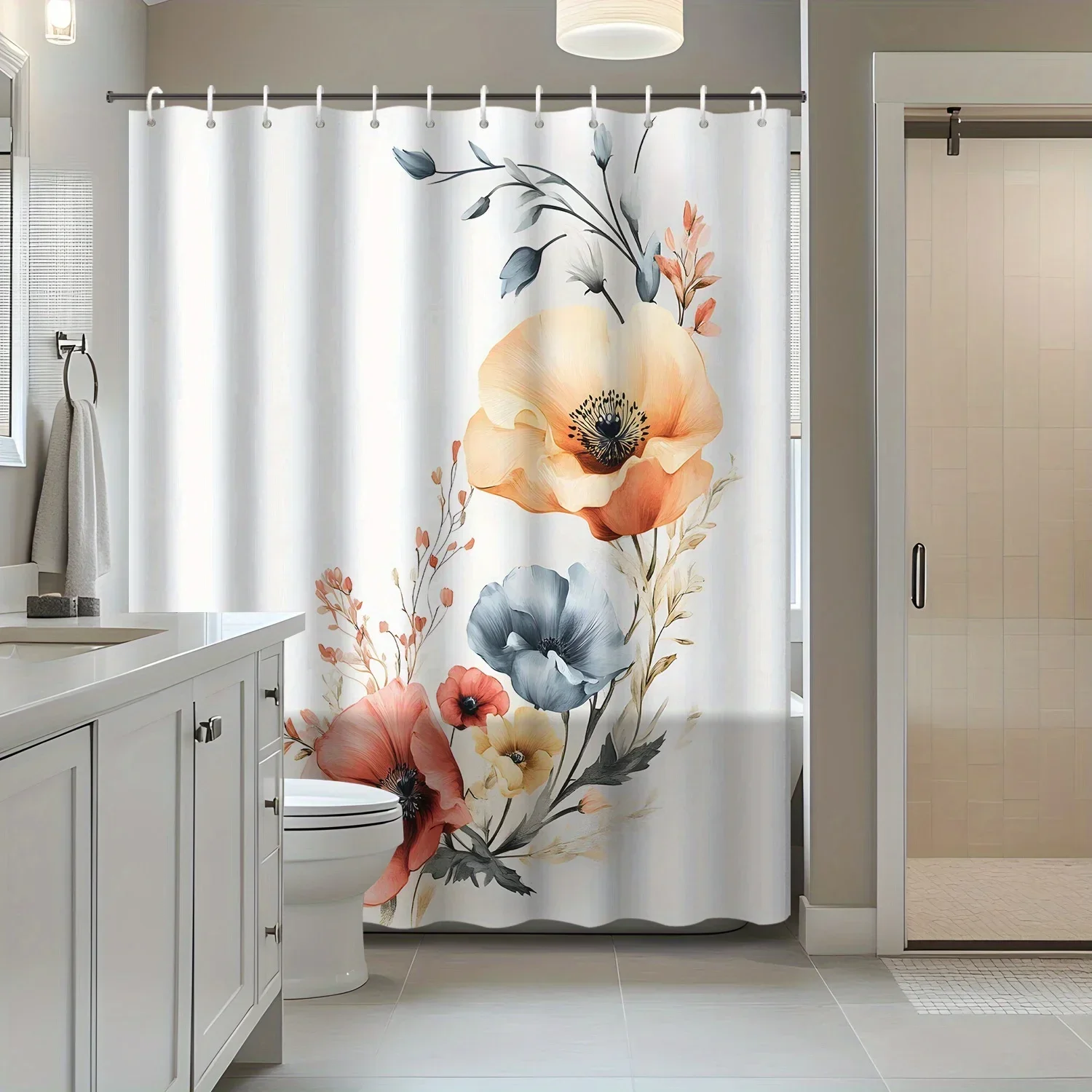 1pc Modern Simple And Elegant Poppy Plant Flower Bathroom Shower Curtain with 12 Hooks Shower Curtain Partition Curtain,VVV