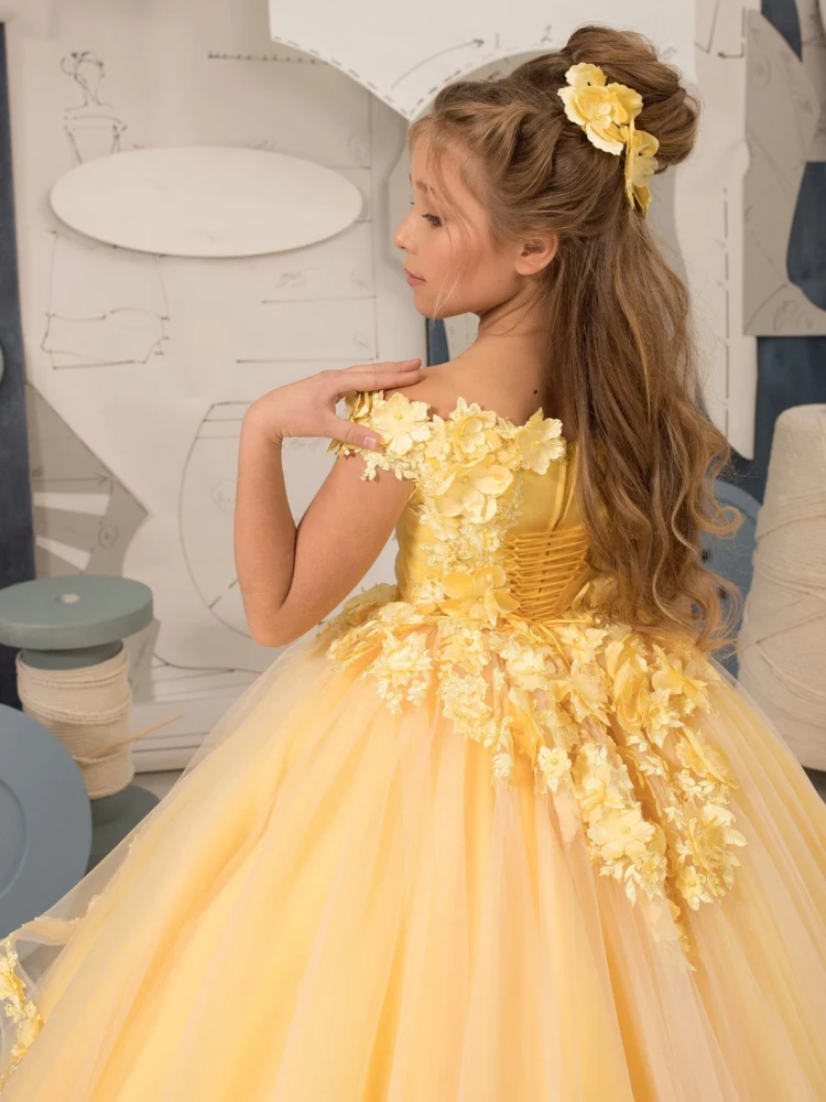 Yellow Flower Girl Dresses For Wedding Appliques Tiered Tulle Pageant Dress Toddler Girls Off The Shoulder Birthday Party Gown