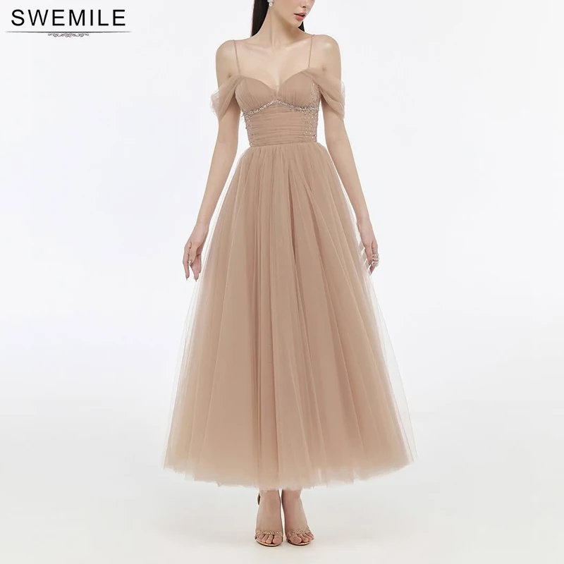 

SWEMILE A-Line Beaded Tulle Evening Dress Classic Off the Shoulder Homecoming Dresses Ankle Length Gowns فساتين سهرة