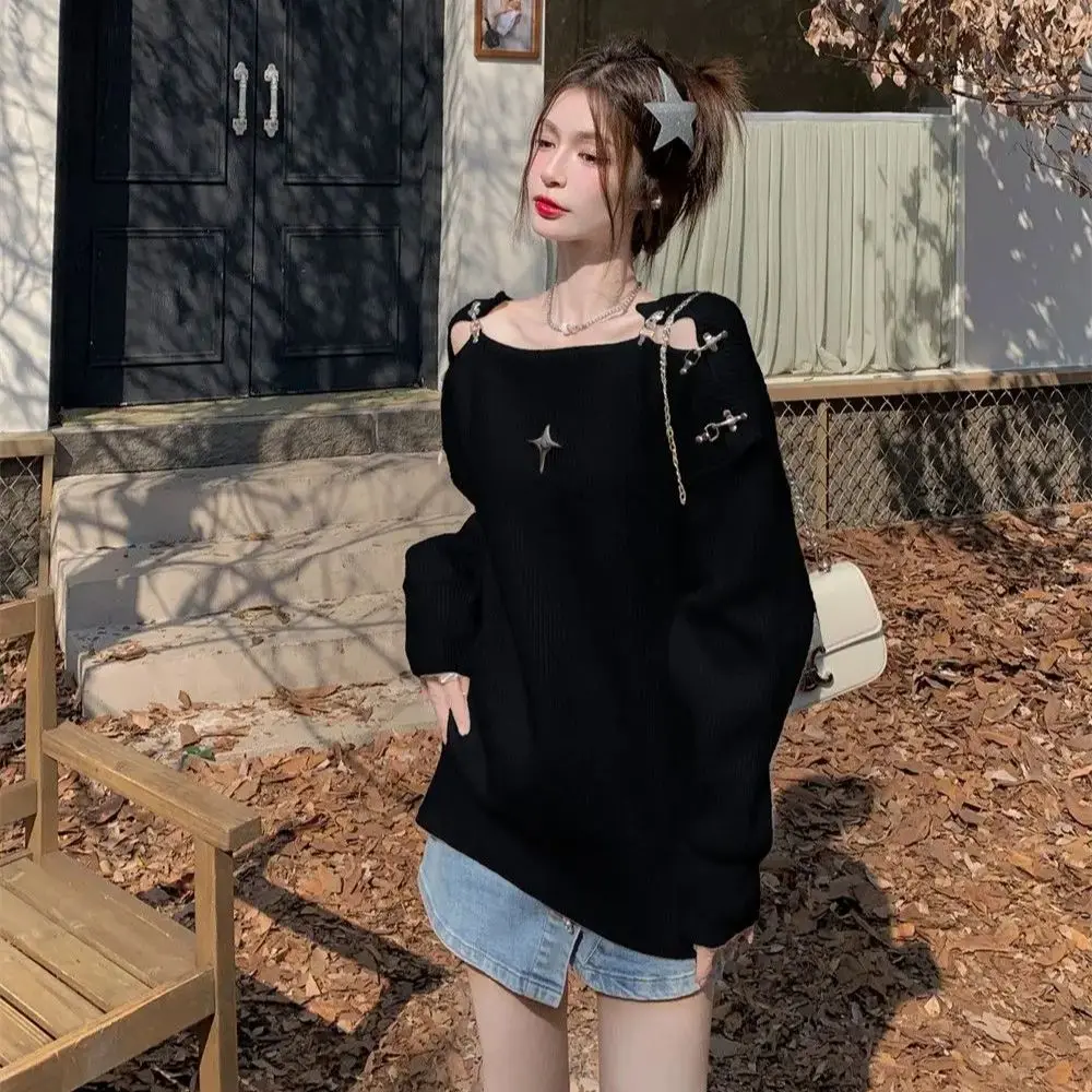 Off-Shoulder Slope-Neck Pullover Sweater 2024 Autumn Loose Casual Solid Color Harajuku Retro Fashion One-Shoulder Top