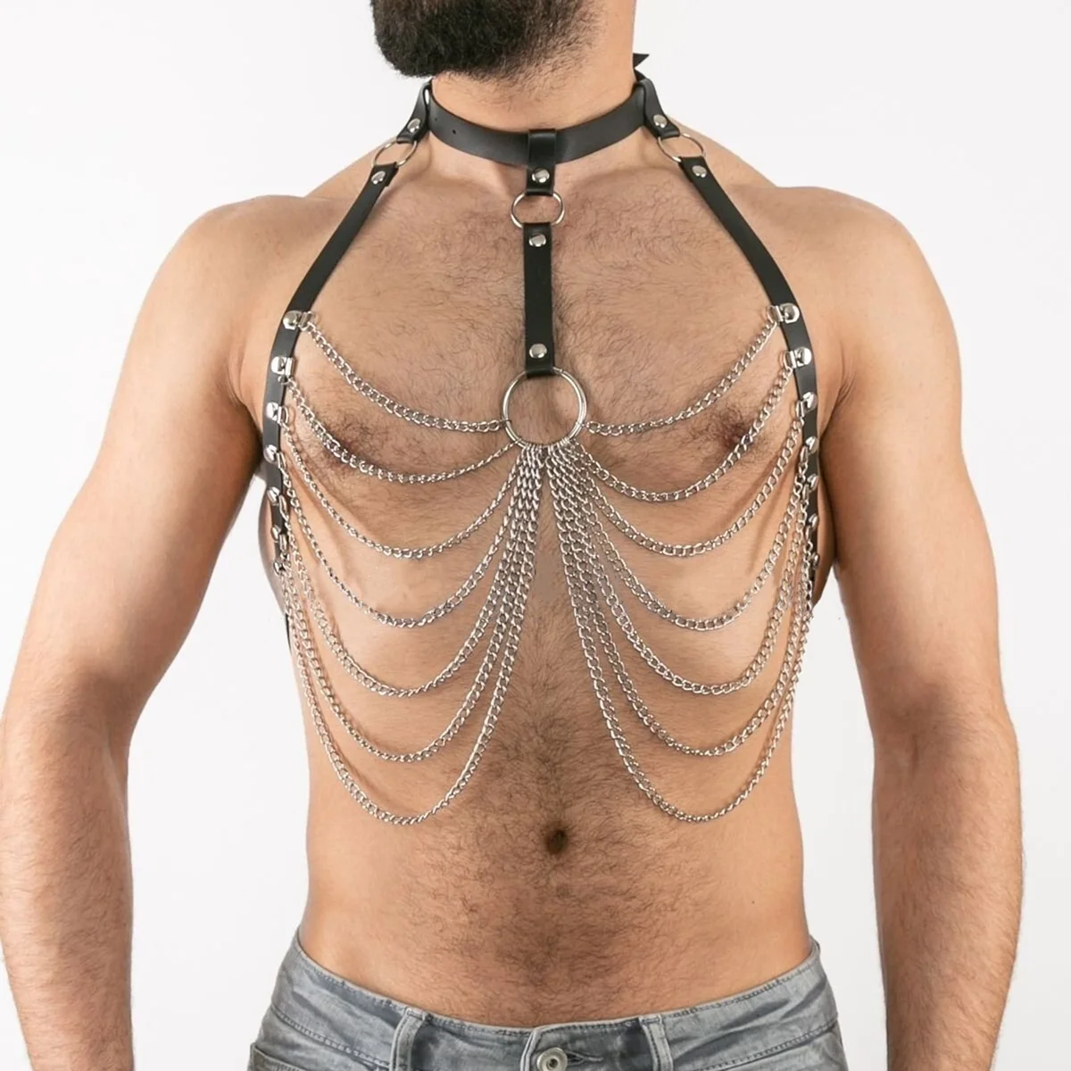 

Men's Punk Style Body Harness - Black Faux Leather with Silver Chain Detail, Adjustable for Gothic Rave Outfits